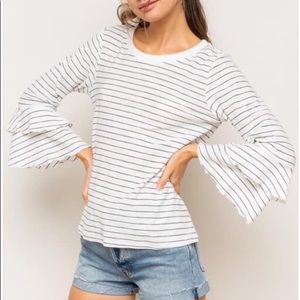 White with black stripe ruffle sleeve top